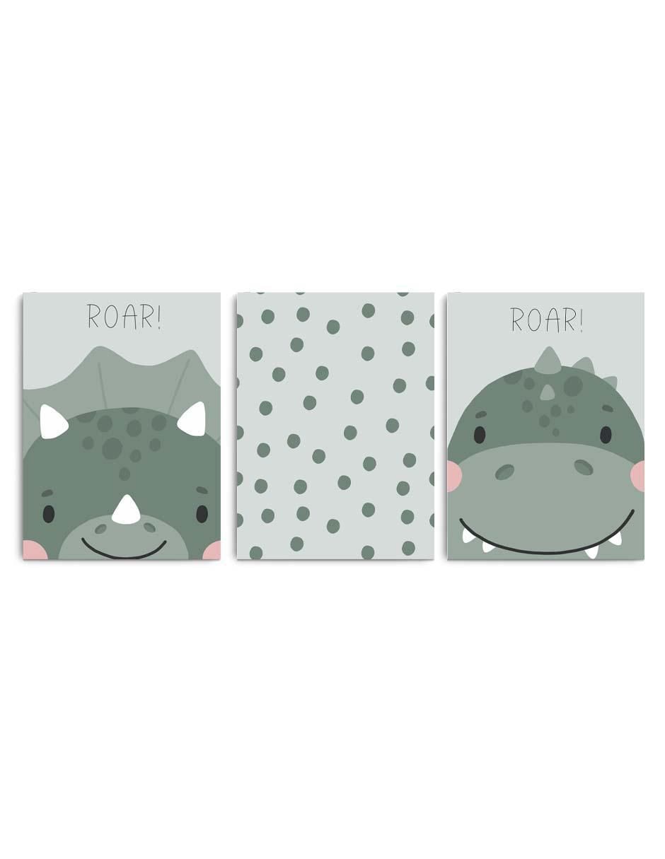 Cuadro decorativo set de dinosaurios traviesos en verde con barniz a registro
