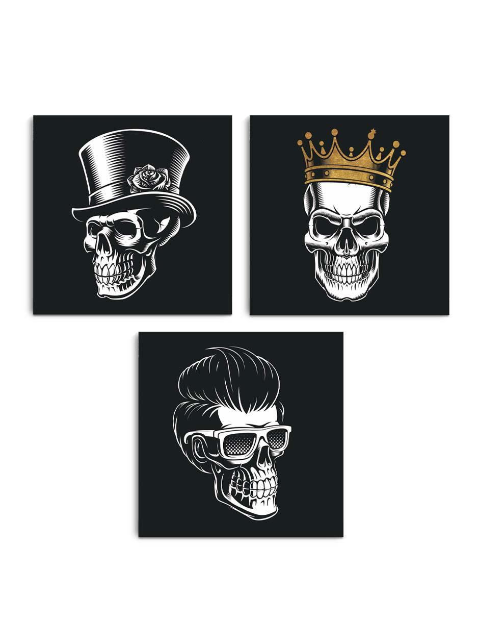 Cuadro decorativo set de calaveras estilo glam con barniz a registro