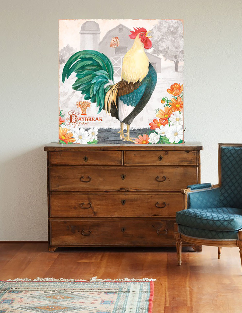 Cuadro decorativo Gallo Esmeralda al alba técnica mixta Animales Domésticos 4