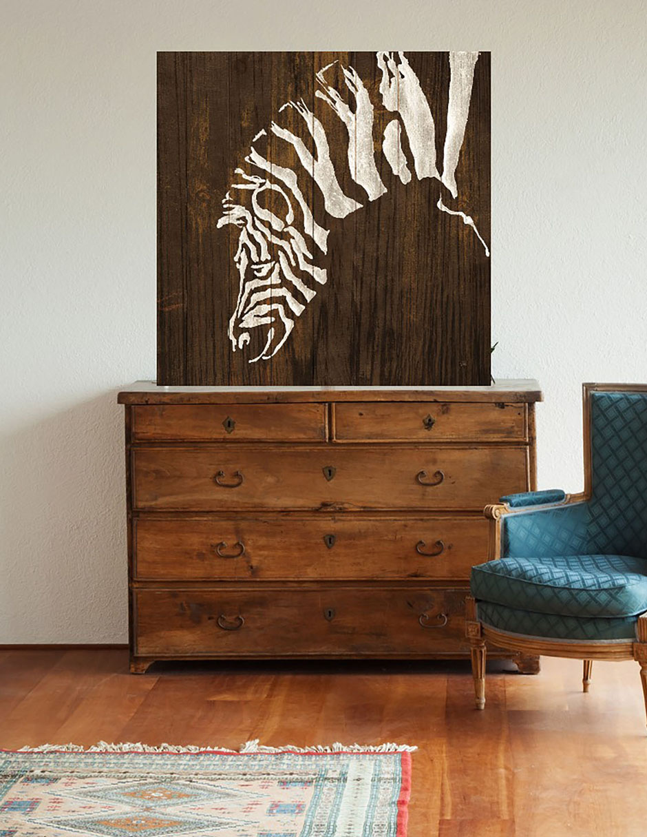 Cuadro decorativo Zebra blanca en madera oscura técnica mixta Vida Silvestre 4