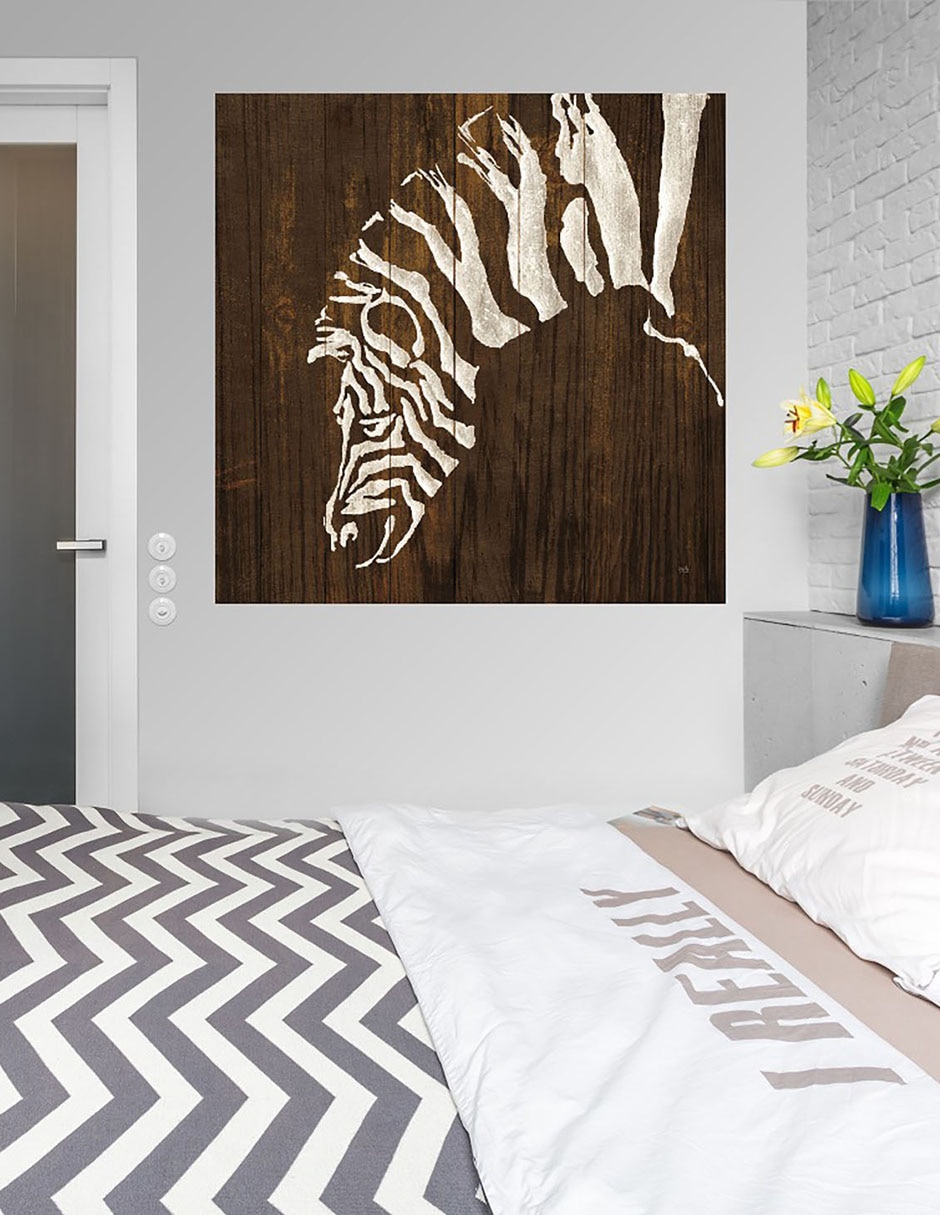 Cuadro decorativo Zebra blanca en madera oscura técnica mixta Vida Silvestre 5
