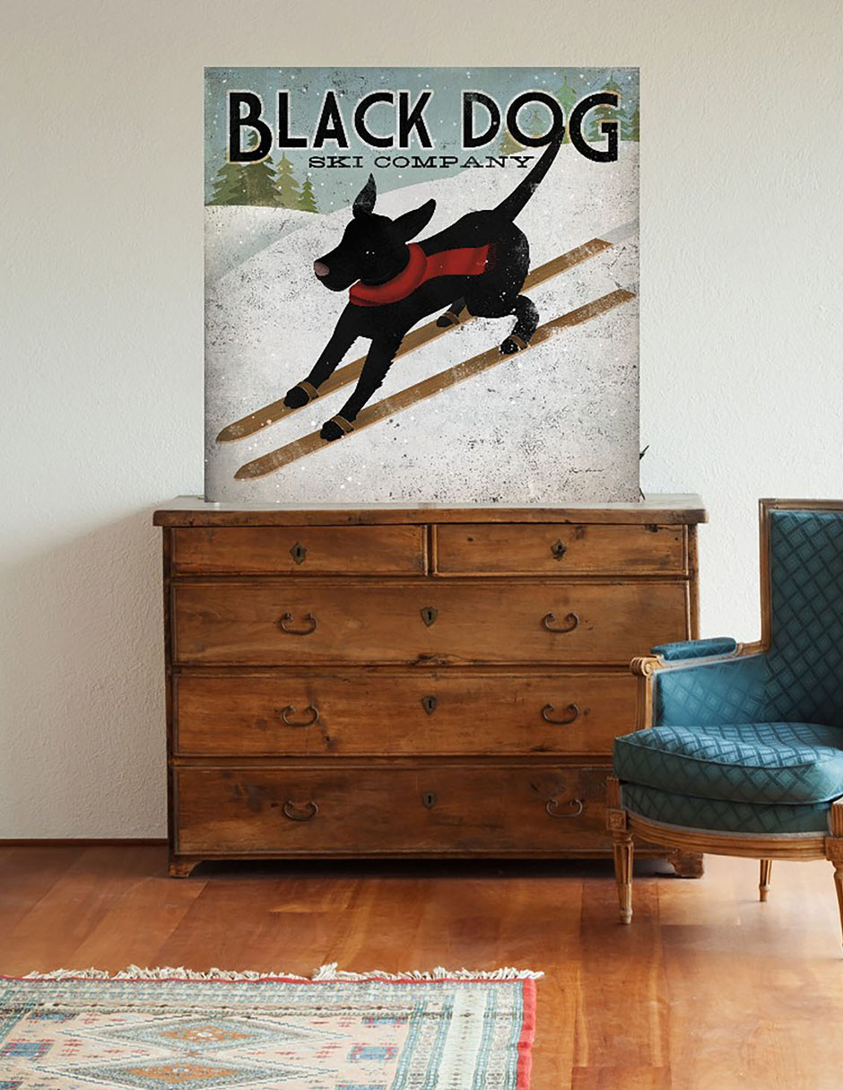Cuadro decorativo Perro negro esquiando técnica mixta Animales Domésticos 4