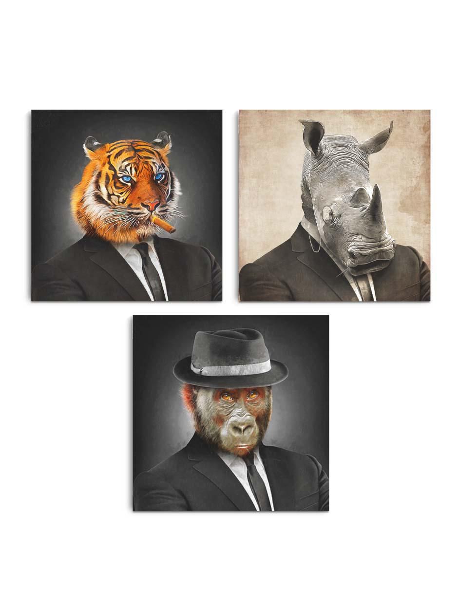 Cuadro decorativo set de animales serios con traje con barniz a registro