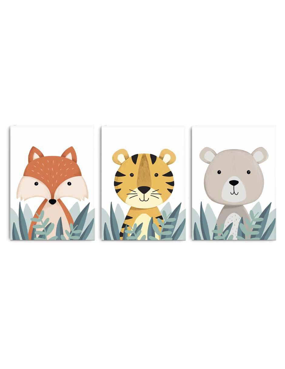 Cuadro decorativo set de tres animalitos infantiles con barniz a registro