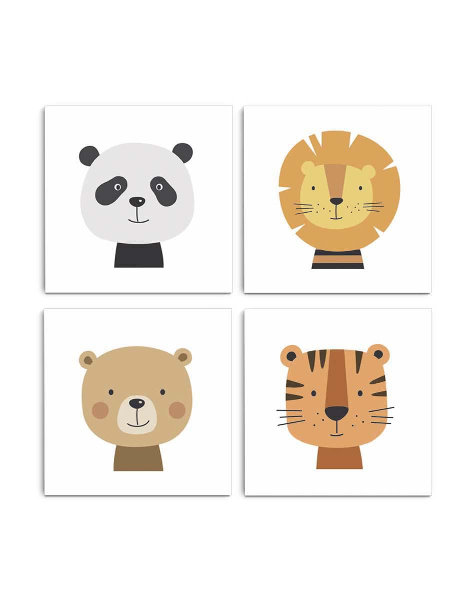 Cuadro decorativo set de animales caricaturizados con barniz a registro