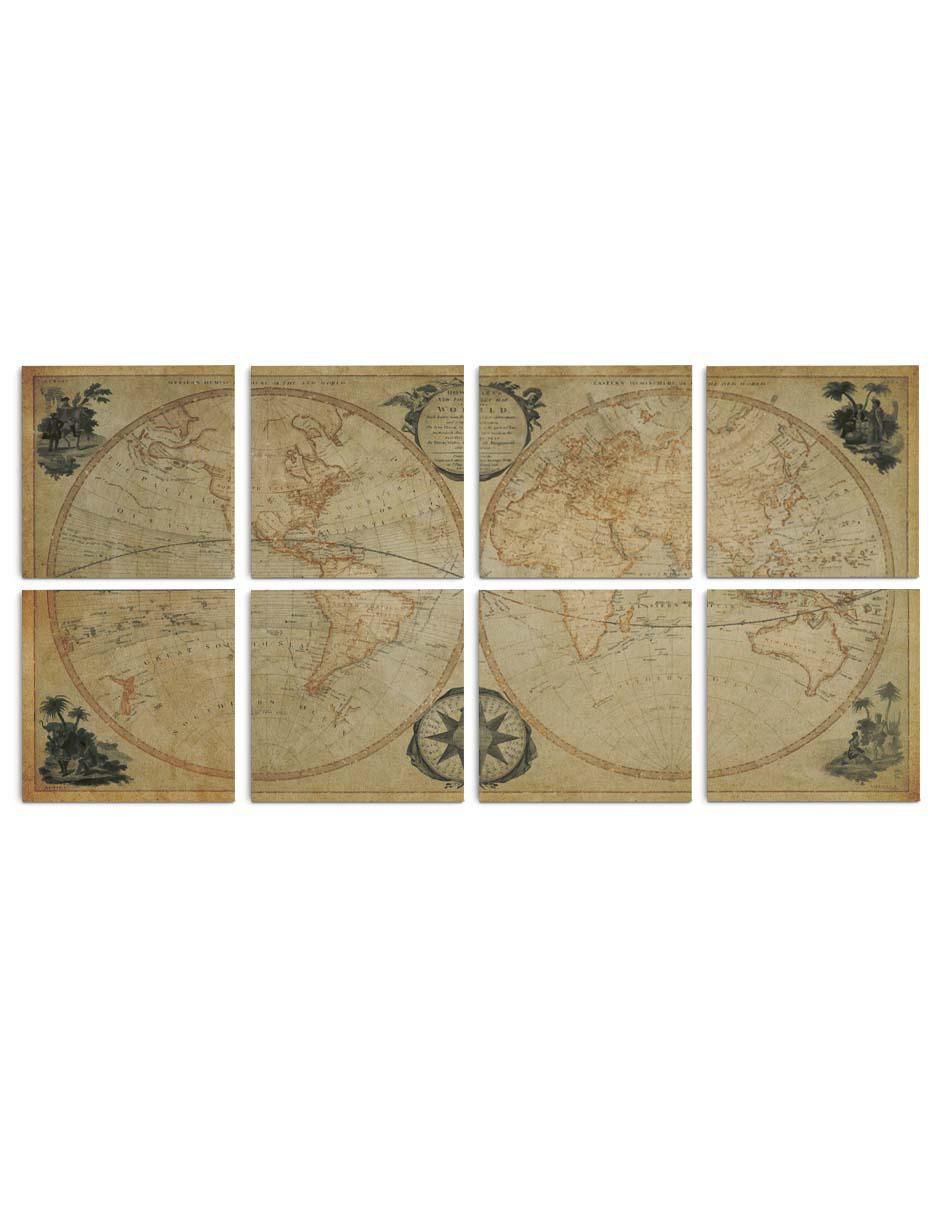 Cuadro decorativo mapa mundi circular vintage con barniz a registro