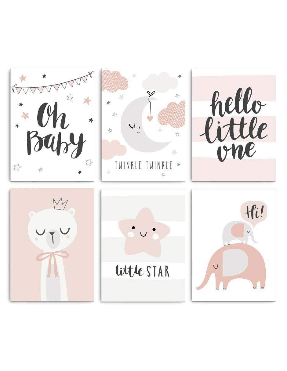 Cuadro decorativo bebé gatita, elefantita y estrella con barniz a registro