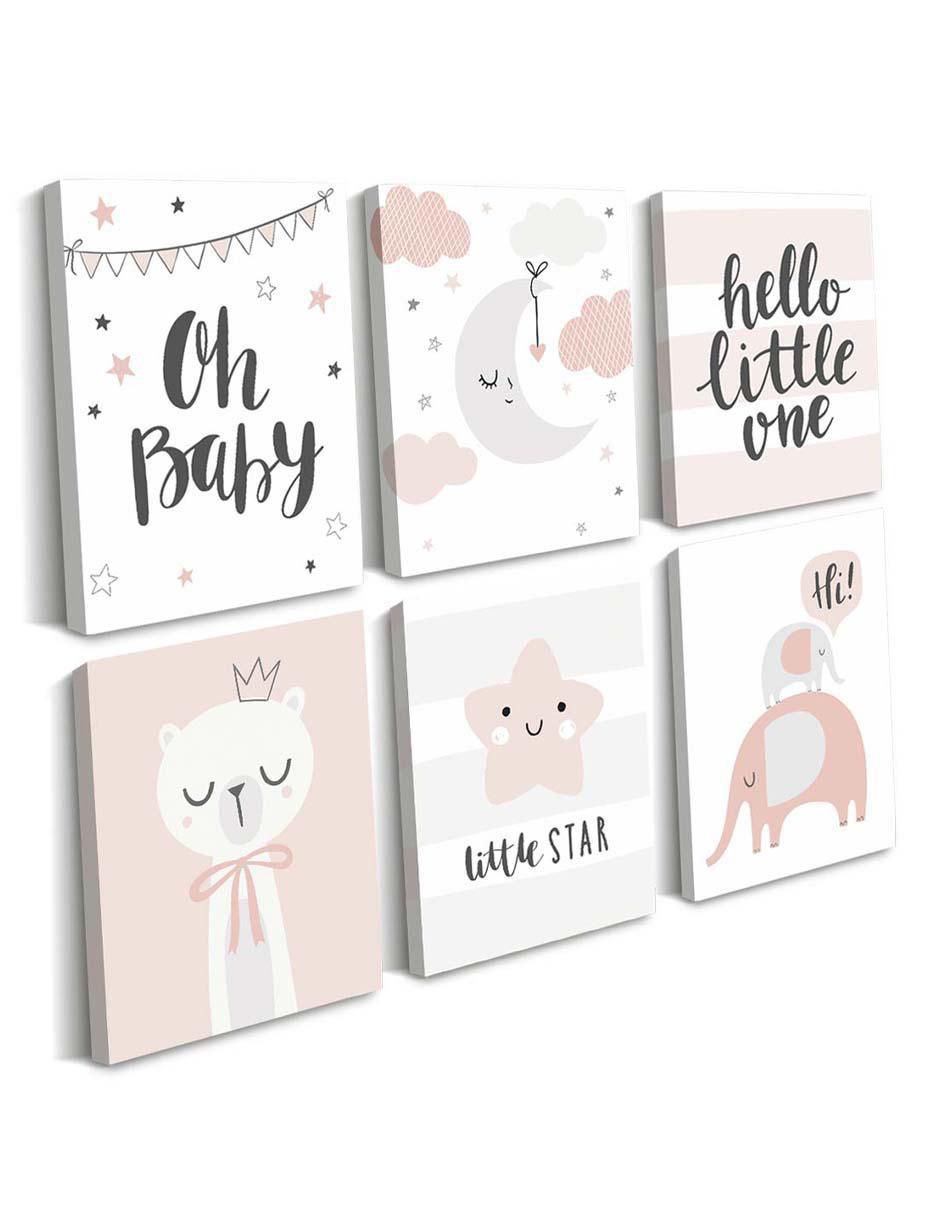 Cuadro decorativo bebé gatita, elefantita y estrella con barniz a registro 2