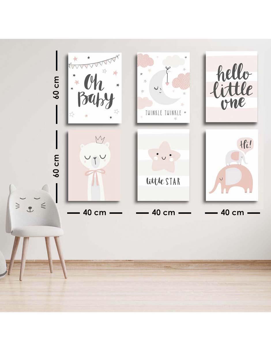 Cuadro decorativo bebé gatita, elefantita y estrella con barniz a registro 5