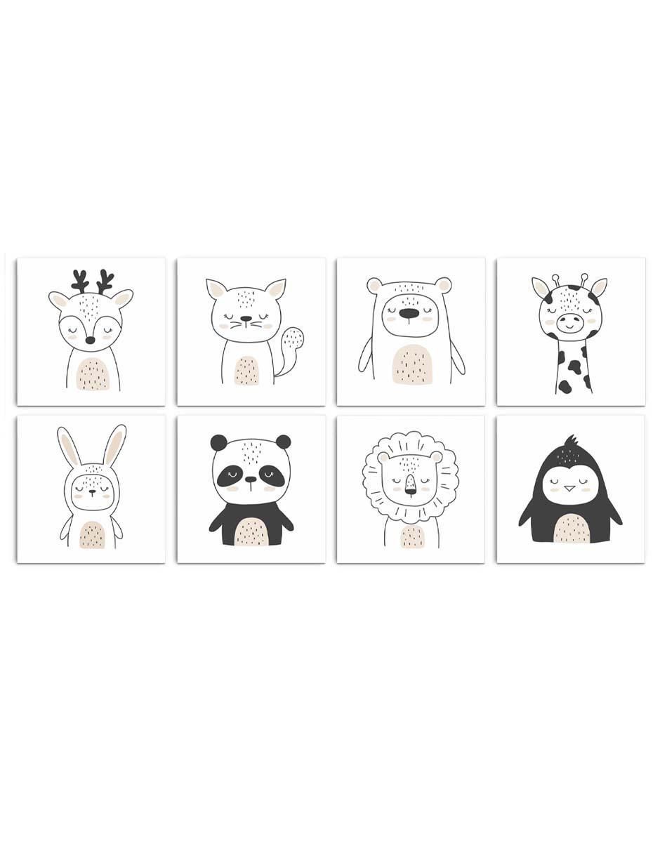 Cuadro decorativo set de animalitos tímidos con barniz a registro