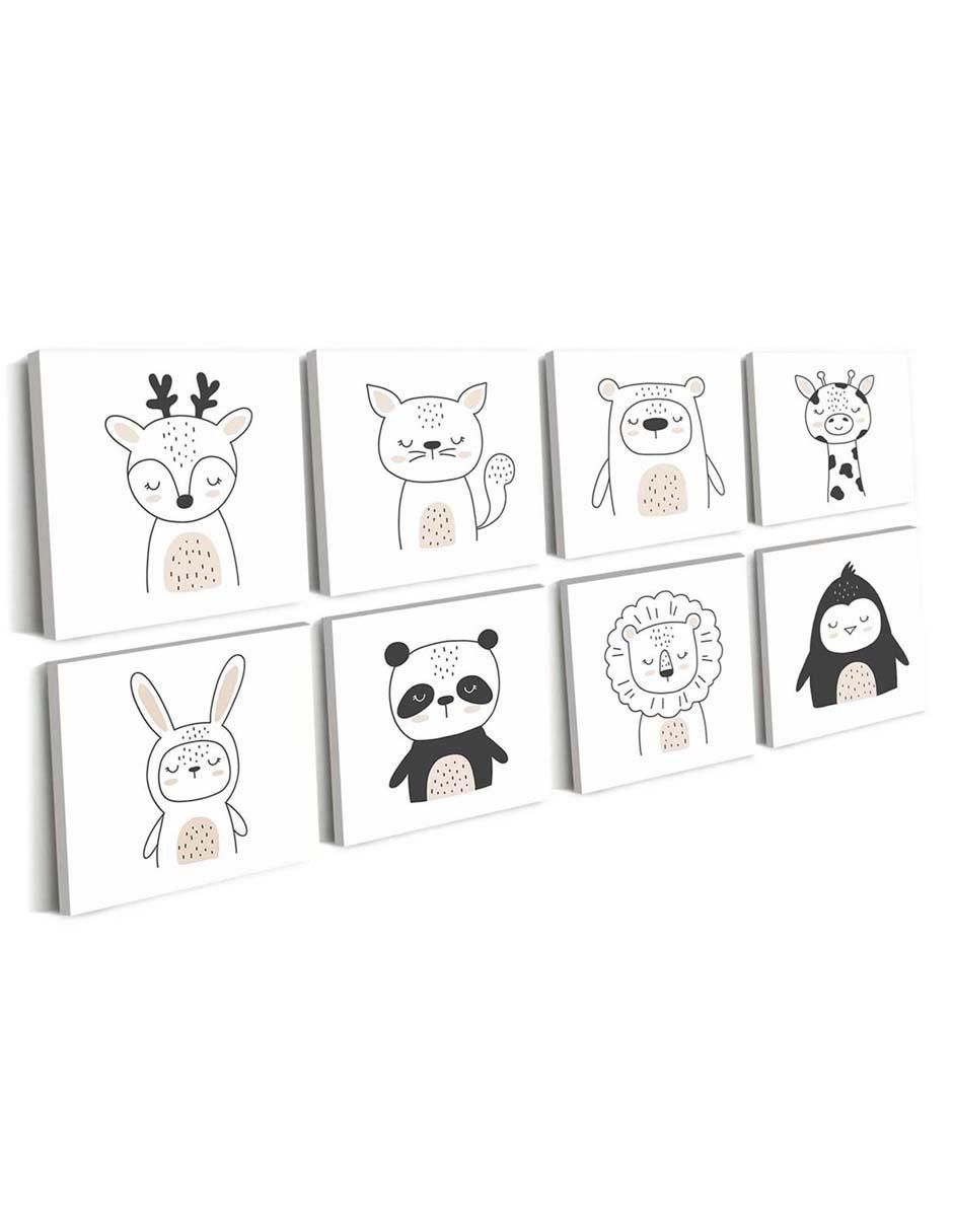 Cuadro decorativo canvas art set de animalitos tímidos con barniz a registro