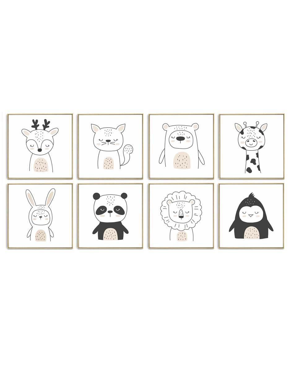 Cuadro decorativo set de animalitos tímidos con barniz a registro