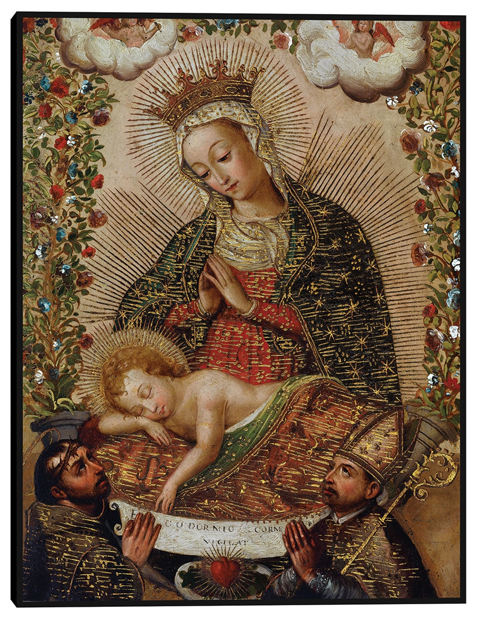 Cuadro decorativo La Virgen adorando al Niño Jesús con dos santos (siglo XVIII) técnica mixta Vírgenes