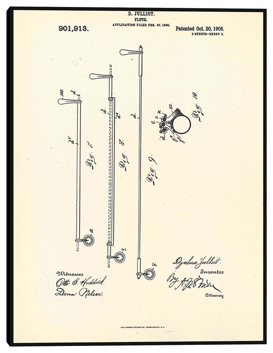 Cuadro decorativo Flauta patentada, inventora Djalma Julliot, 20 de octubre de 1909 II técnica mixta Planos Cuadro decorativo Flauta patentada, inventora Djalma Julliot, 20 de octubre de 1909 II técnica mixta Planos
