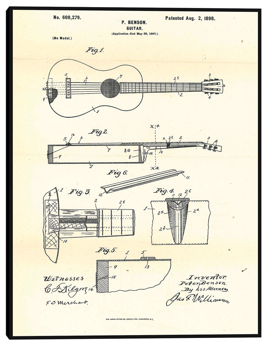 Cuadro decorativo Guitarra patentada, inventor: Peter Benson, 2 de agosto de 1898 técnica mixta Planos Cuadro decorativo Guitarra patentada, inventor: Peter Benson, 2 de agosto de 1898 técnica mixta Planos