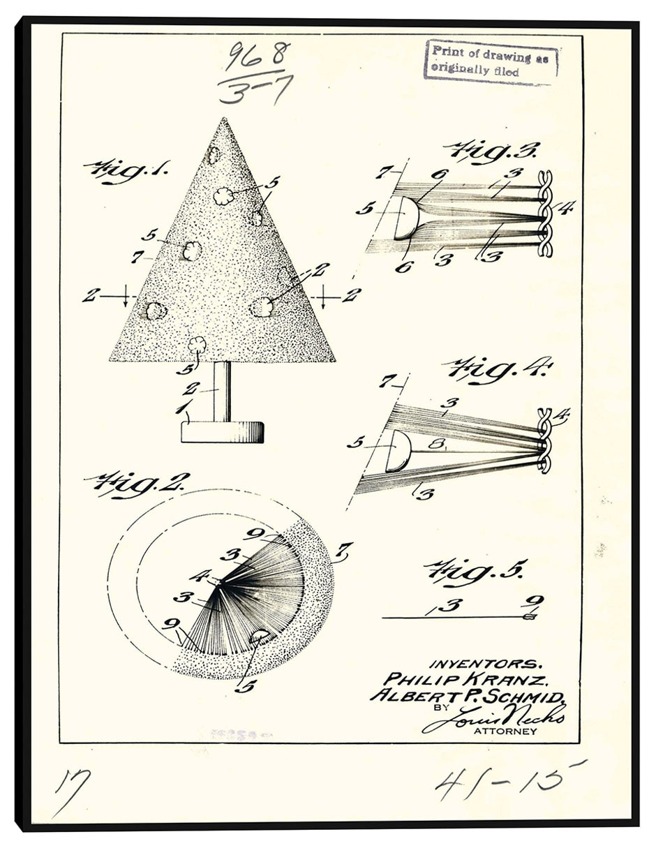 Cuadro decorativo Árbol de Navidad artificial patentado, inventor(es): Phillip Kraz y Albert P. Schmid. técnica mixta Planos
