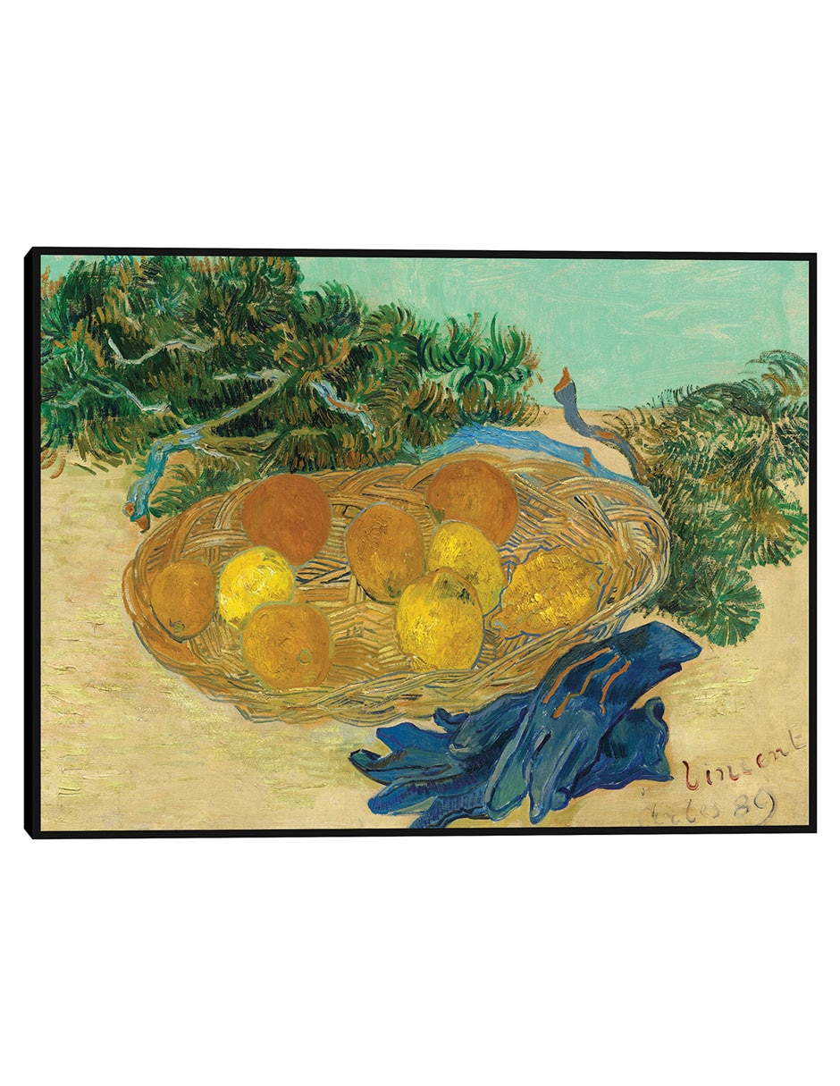 Cuadro decorativo Bodegón de naranjas y limones con guantes azules técnica mixta Obras