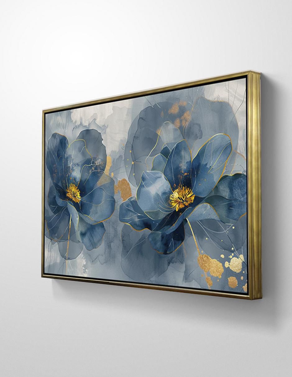 Pintura cuadro decorativo con marco oro flores Amapola azul turquesa Canvas textura oleo técnica polioleo Premium