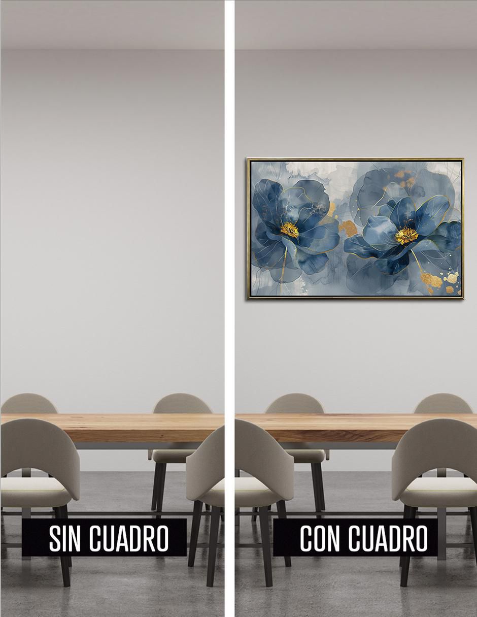Pintura cuadro decorativo con marco oro flores Amapola azul turquesa Canvas textura oleo técnica polioleo Premium 2