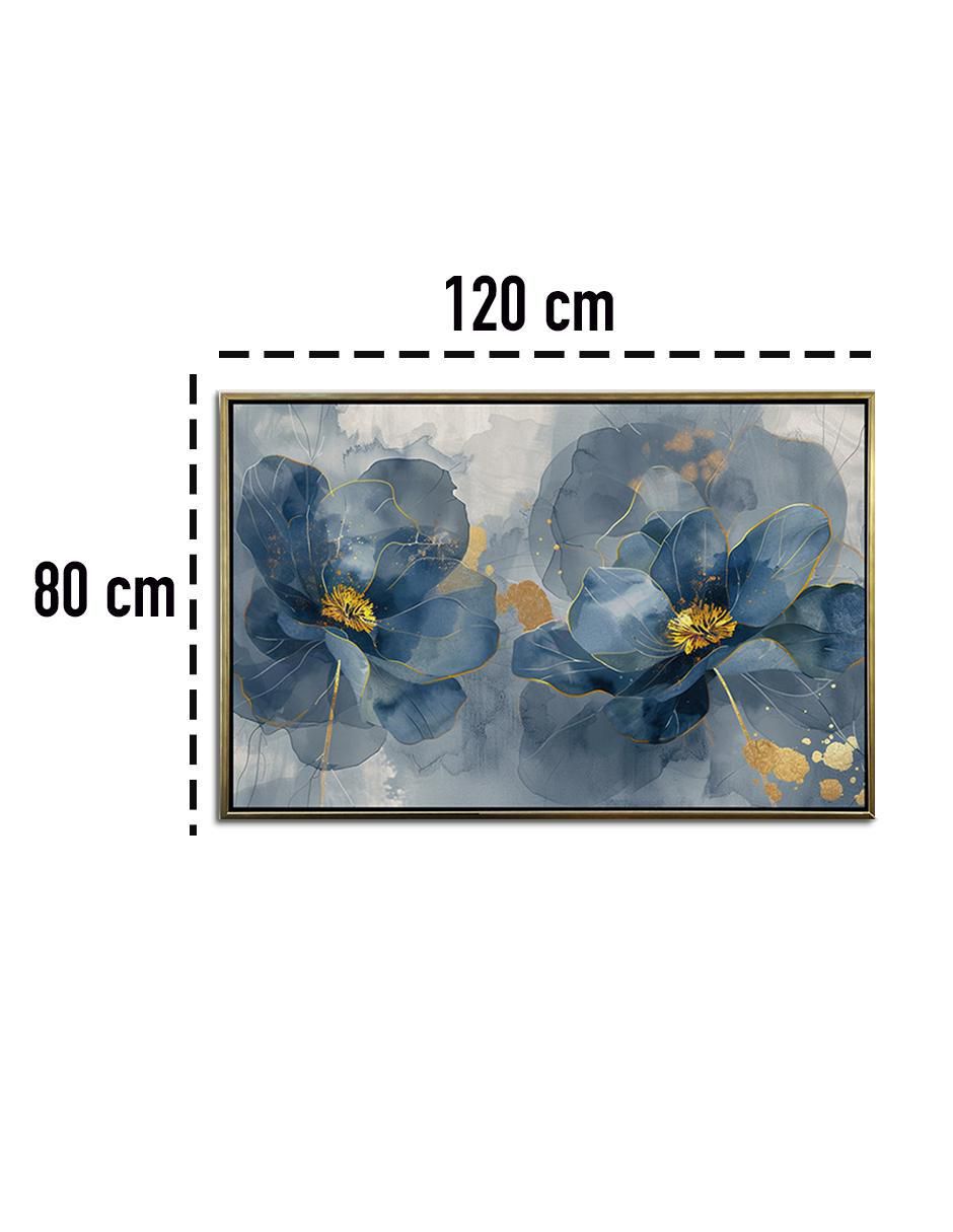 Pintura cuadro decorativo con marco oro flores Amapola azul turquesa Canvas textura oleo técnica polioleo Premium 8