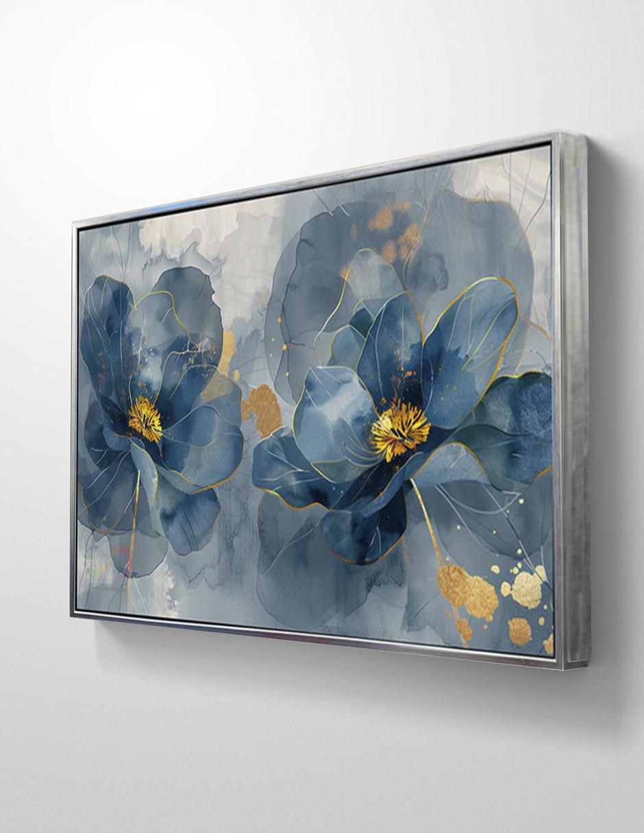 Pintura cuadro decorativo con marco plata flores amapola azul turquesa canvas textura oleo técnica polioleo Premium
