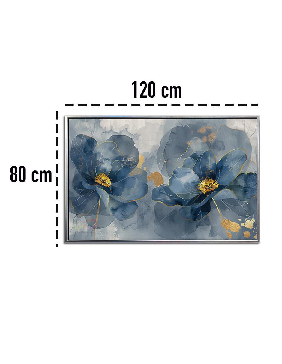 Pintura cuadro decorativo con marco plata flores amapola azul turquesa canvas textura oleo técnica polioleo Premium 8