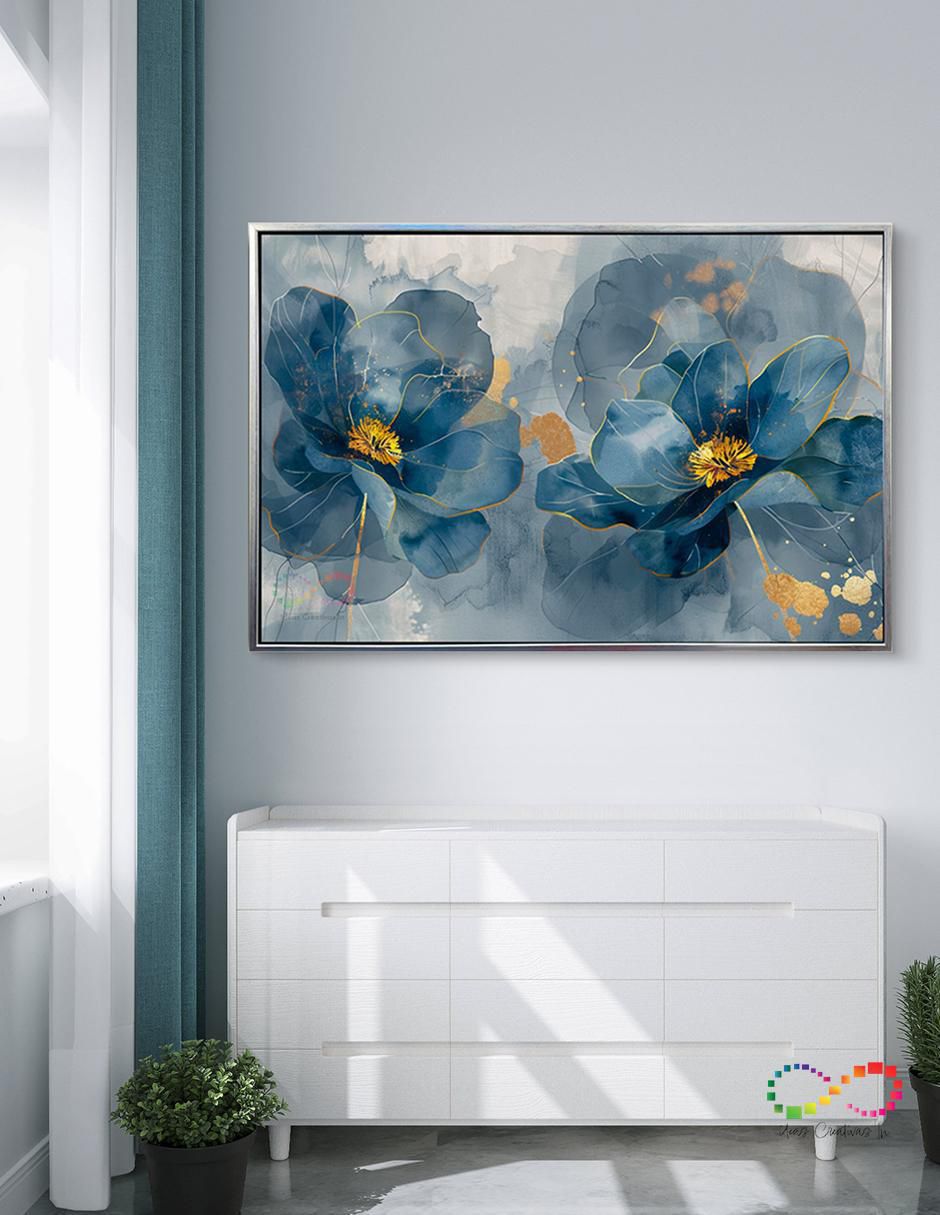 Pintura cuadro decorativo con marco plata flores amapola azul turquesa canvas textura oleo técnica polioleo Premium 3