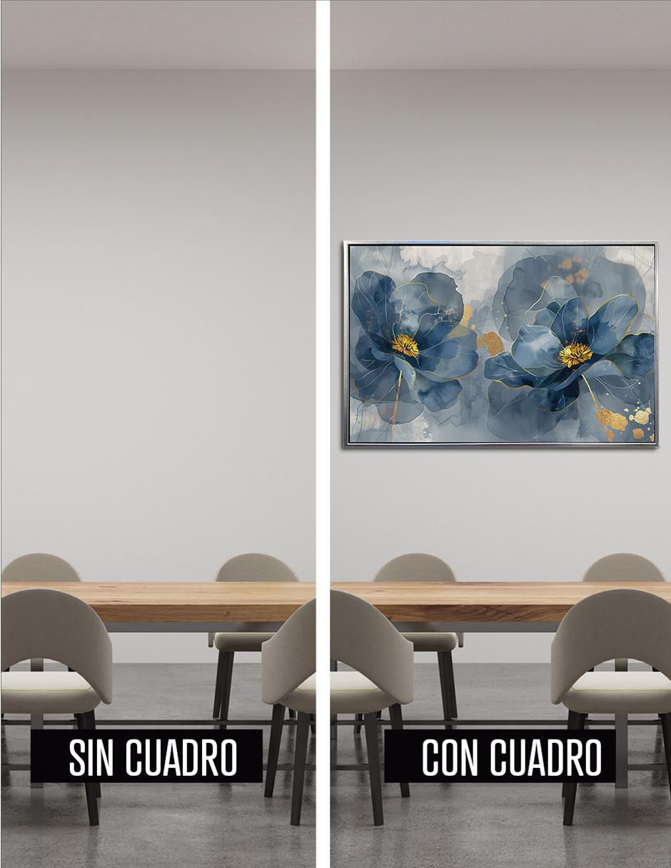 Pintura cuadro decorativo con marco plata flores amapola azul turquesa canvas textura oleo técnica polioleo Premium 4