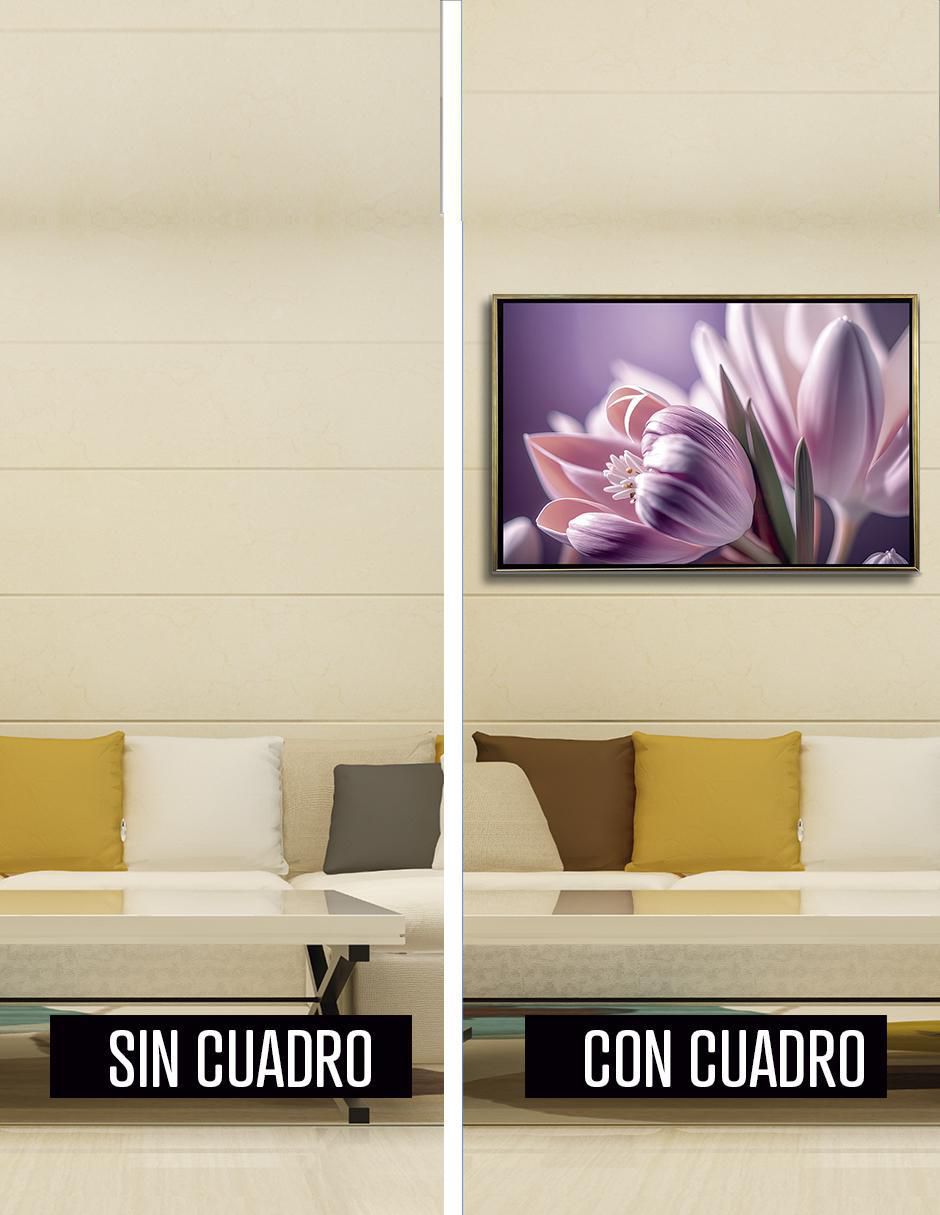 Pintura Cuadro Decorativo con marco Oro Tulipanes Lilas técnica impresión Premium 4