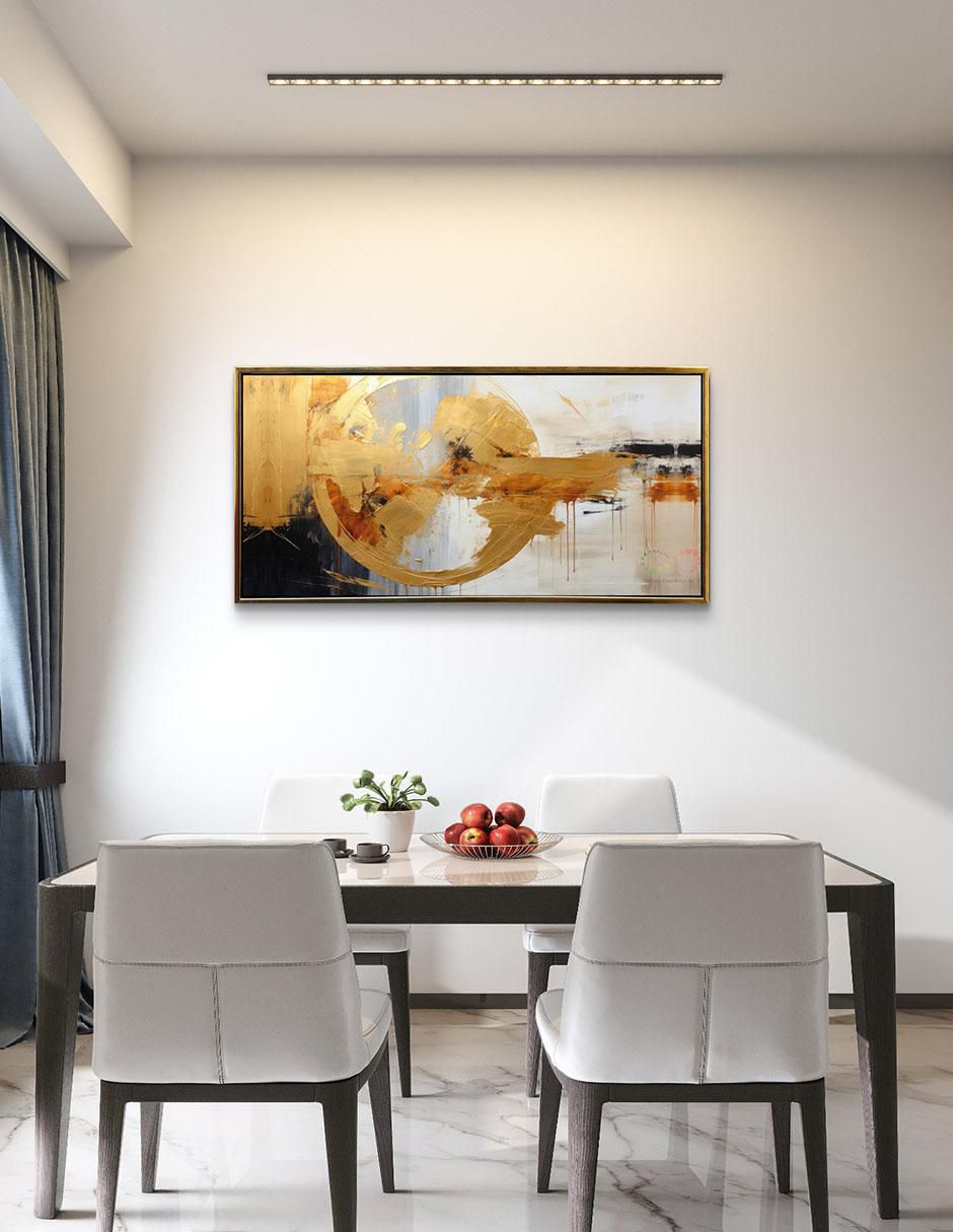 Pintura cuadro decorativo con marco Oro Circulo Abstracto detalle polvo oro técnica impresión con óleo Premium 2