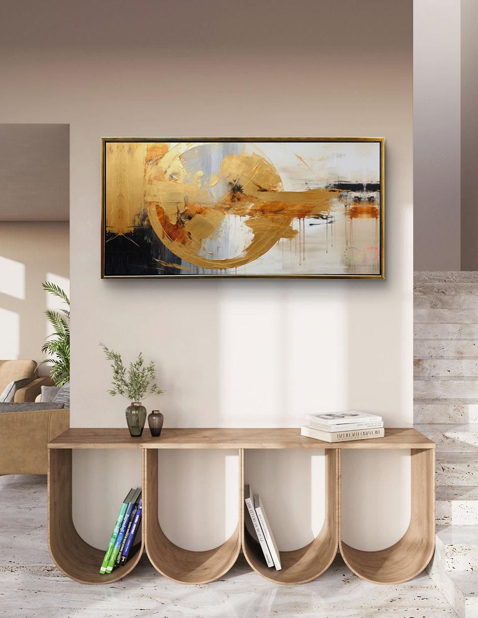 Pintura cuadro decorativo con marco Oro Circulo Abstracto detalle polvo oro técnica impresión con óleo Premium 3
