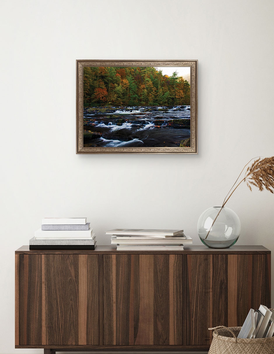 Cuadro decorativo enmarcado- otoño en el río tellico de andy crawford técnica mixta 4