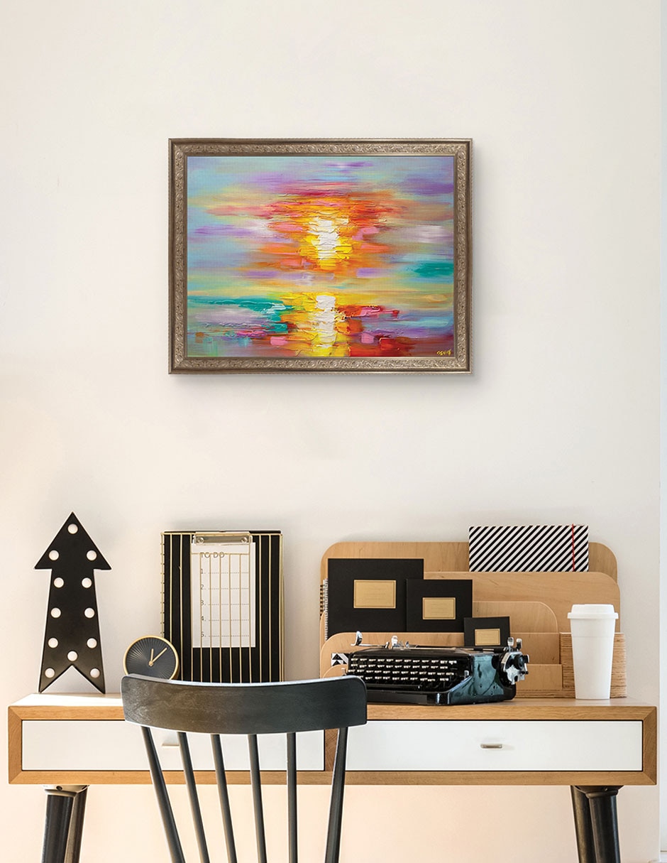Cuadro decorativo enmarcado- amanecer abstracto de osnat tzadok técnica mixta 3