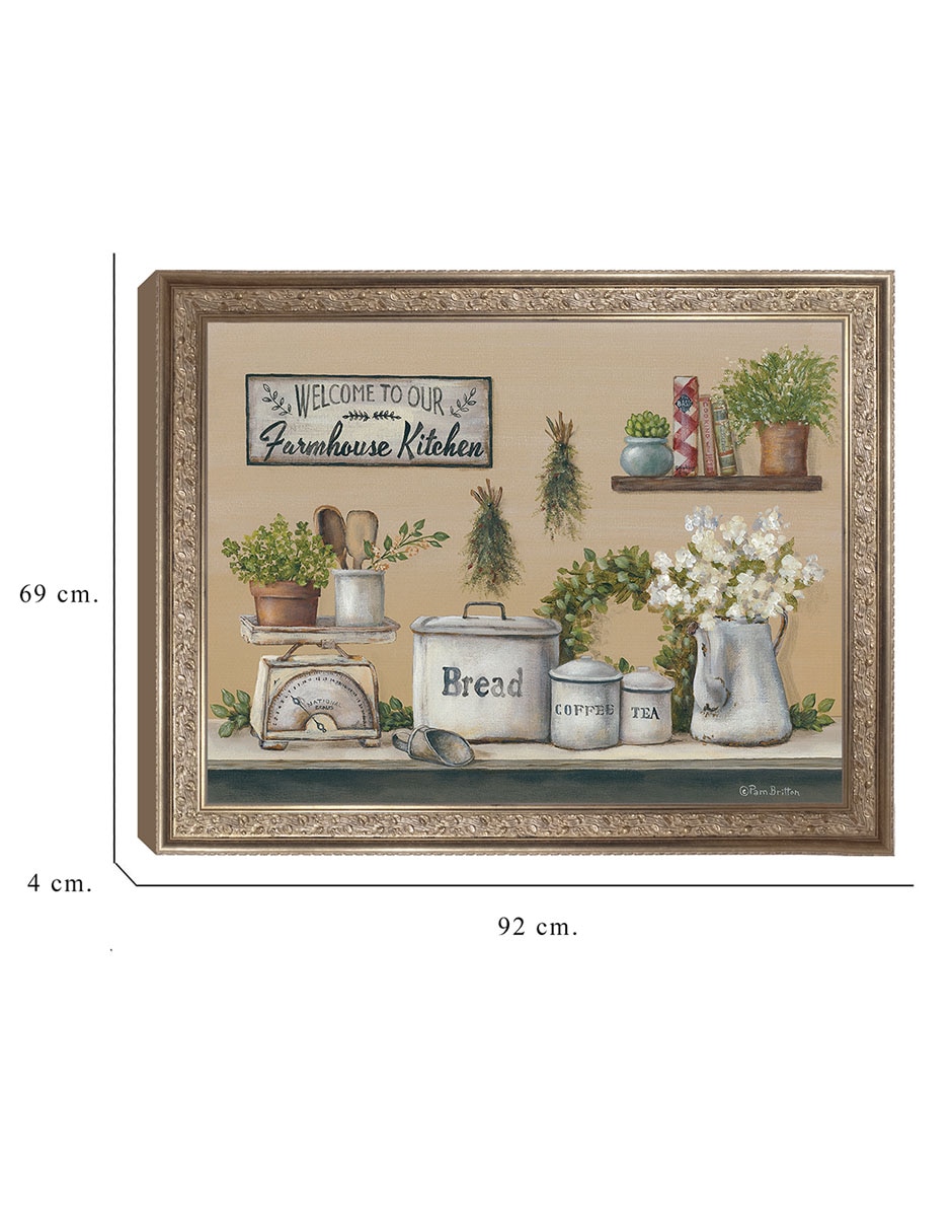 Cuadro decorativo enmarcado- cocina de granja con jardín de pam britton técnica mixta 2
