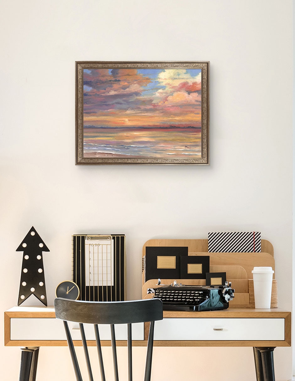 Cuadro decorativo enmarcado- atardecer en isla coral de paul brent técnica mixta 3