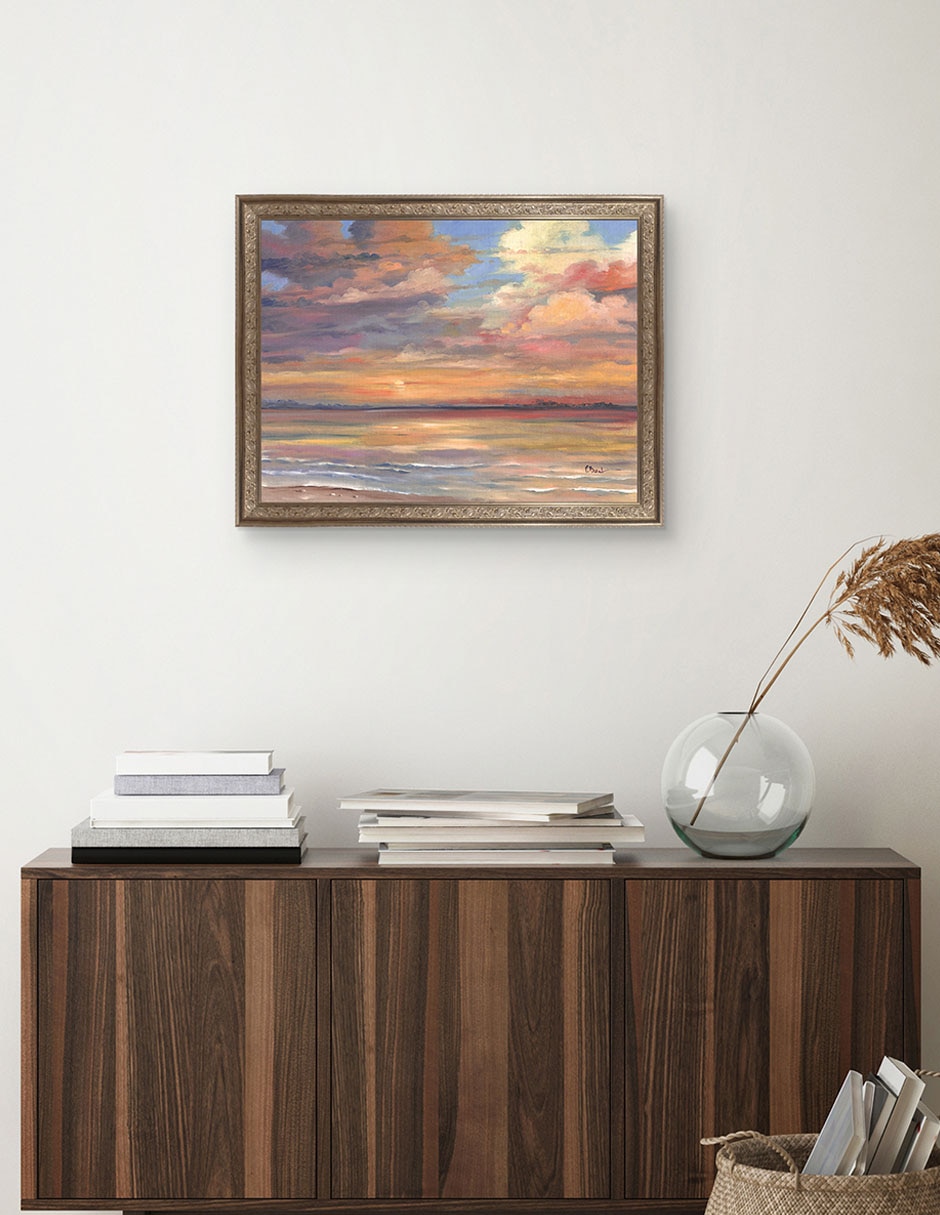 Cuadro decorativo enmarcado- atardecer en isla coral de paul brent técnica mixta 4