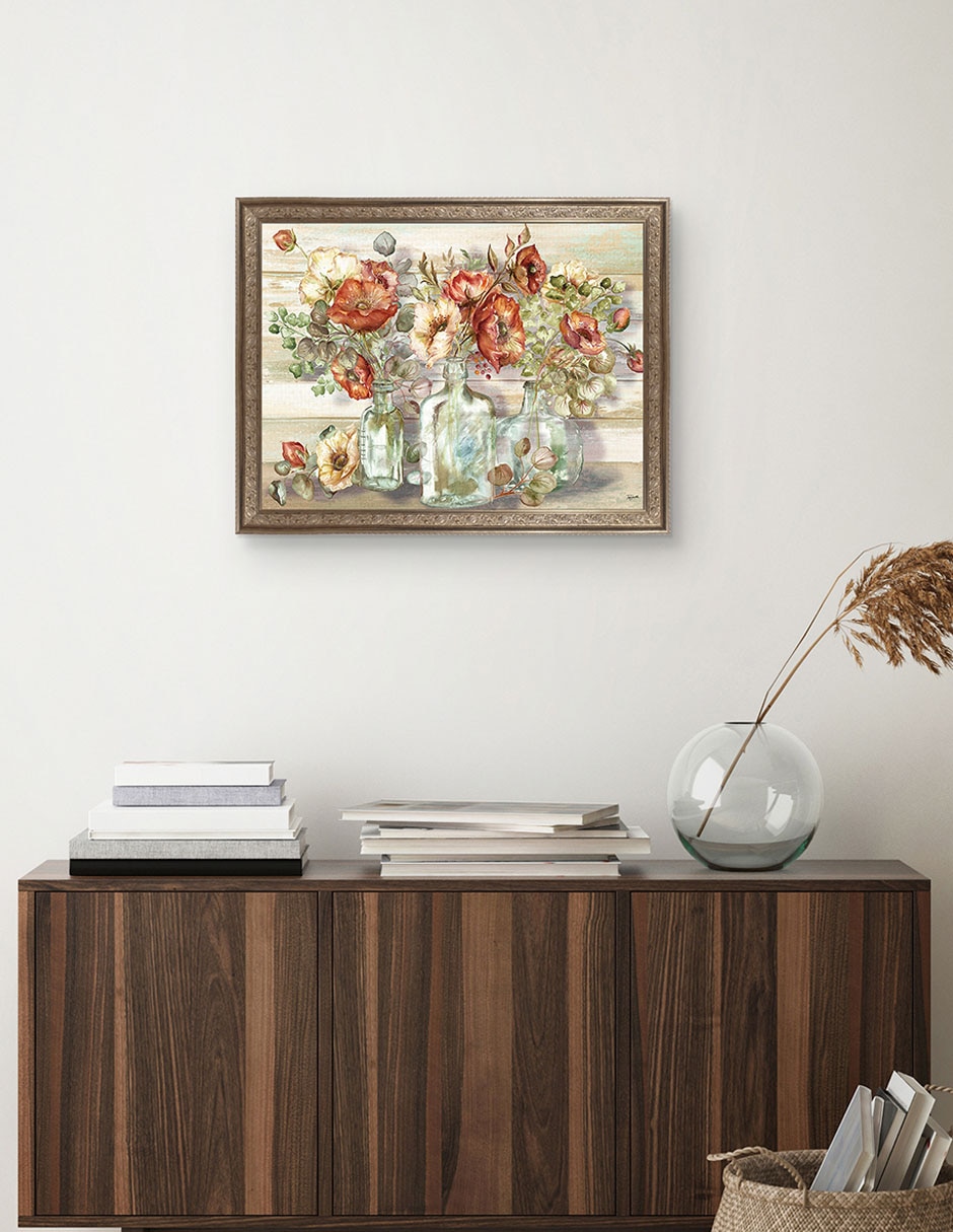Cuadro decorativo Enmarcado- Paisaje de amapolas especiadas y eucalipto en botellas de Tre Sorelle mixta 4