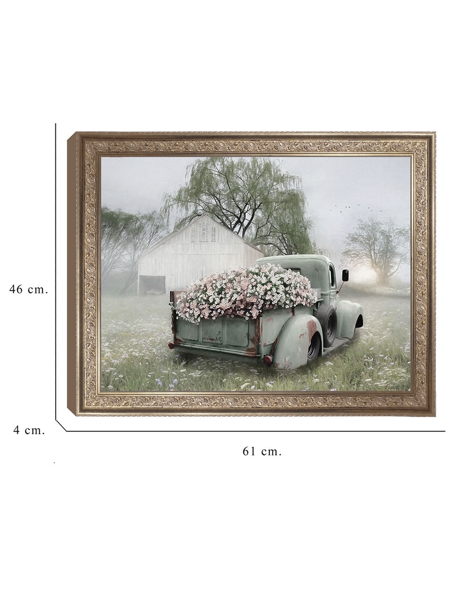 Cuadro decorativo Camioneta verde con petunias rosadas de Lori Deiter técnica mixta 2