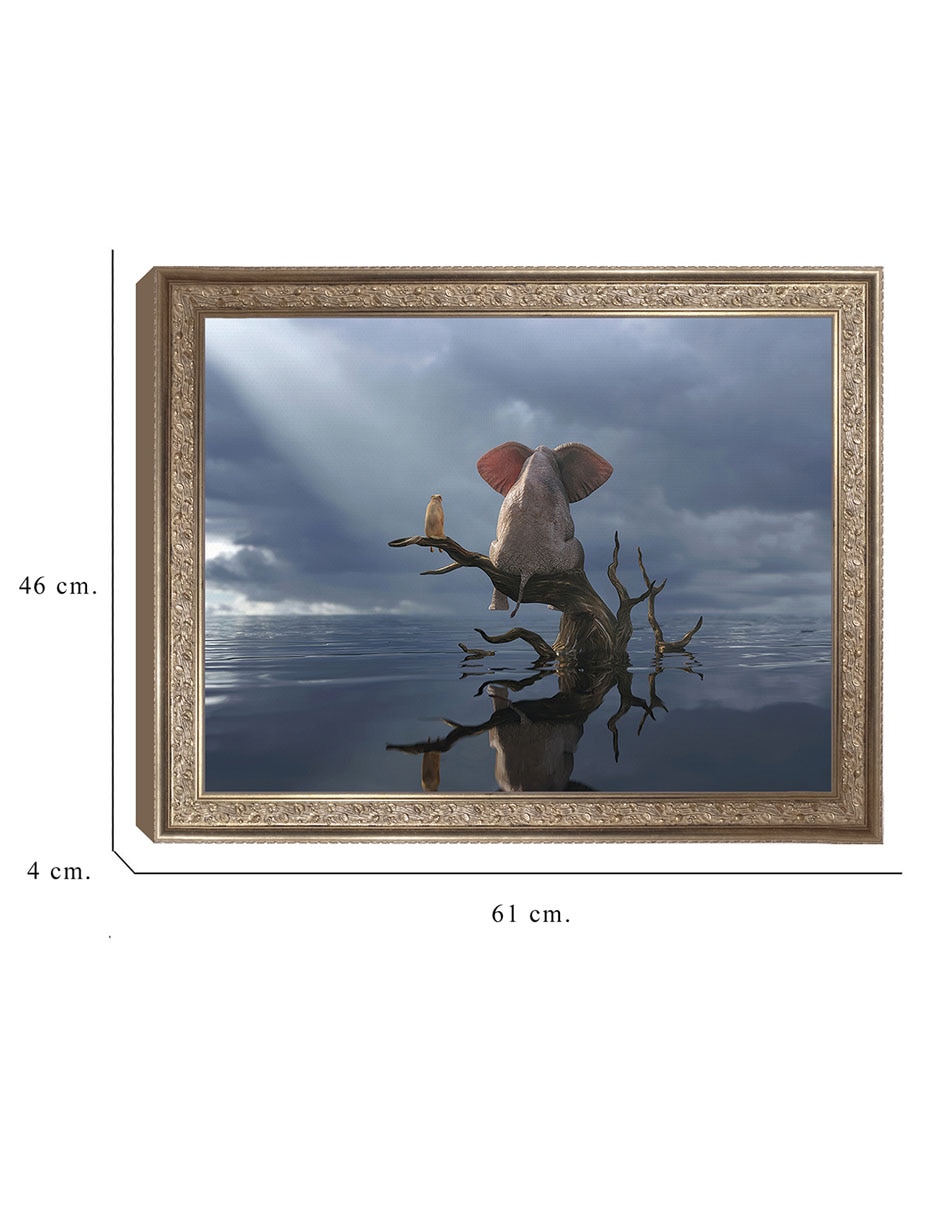 Cuadro decorativo Elefante y perro sentados en un árbol huyendo de una inundación de Mike Kiev técnica mixta 8