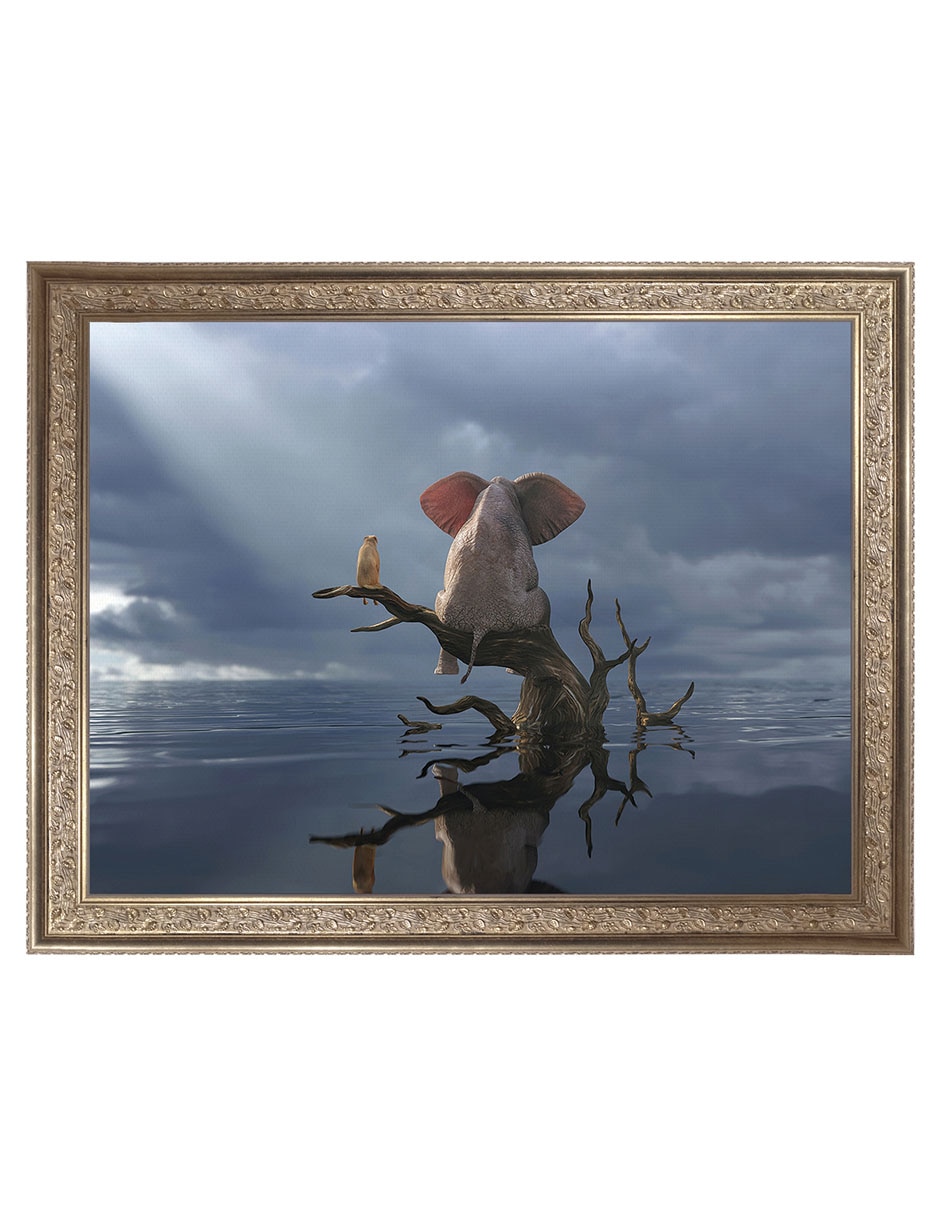 Cuadro decorativo Elefante y perro sentados en un árbol huyendo de una inundación de Mike Kiev técnica mixta