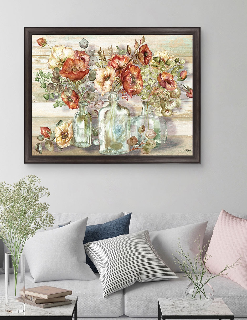 Cuadro decorativo Paisaje de amapolas especiadas y eucalipto en botellas de Tre Sorelle técnica mixta 2