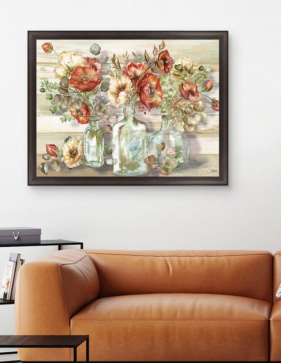 Cuadro decorativo Paisaje de amapolas especiadas y eucalipto en botellas de Tre Sorelle técnica mixta 4