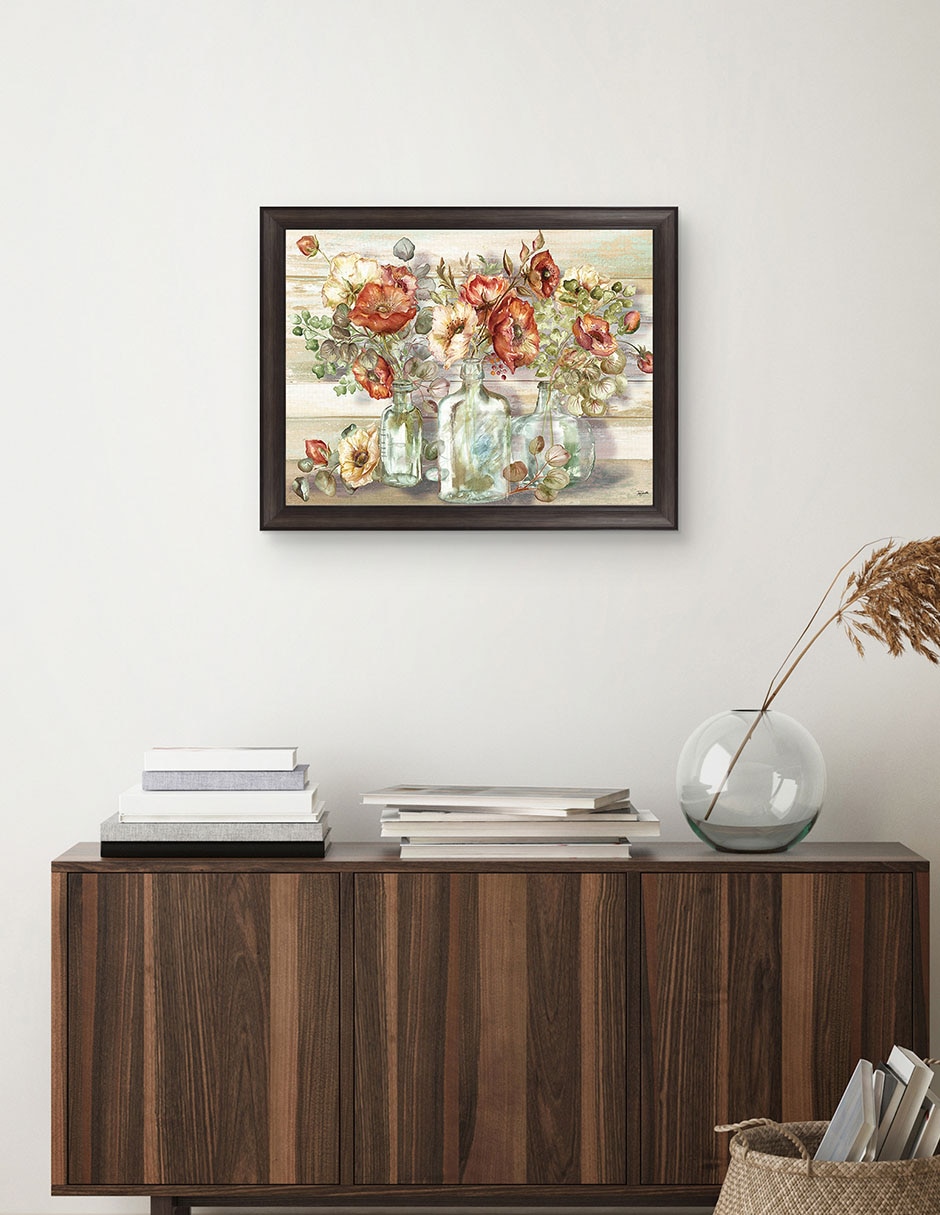 Cuadro decorativo Paisaje de amapolas especiadas y eucalipto en botellas de Tre Sorelle técnica mixta 4