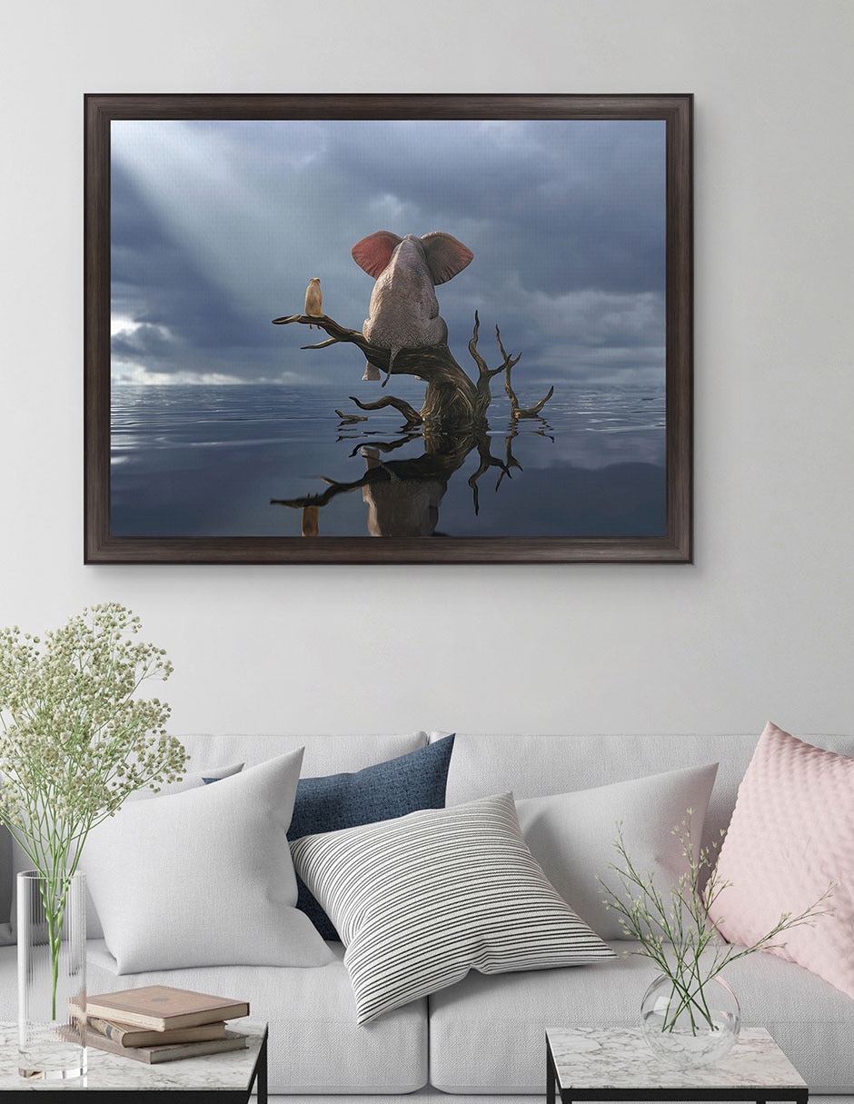 Cuadro decorativo Elefante y perro sentados en un árbol huyendo de una inundación de Mike Kiev técnica mixta 2