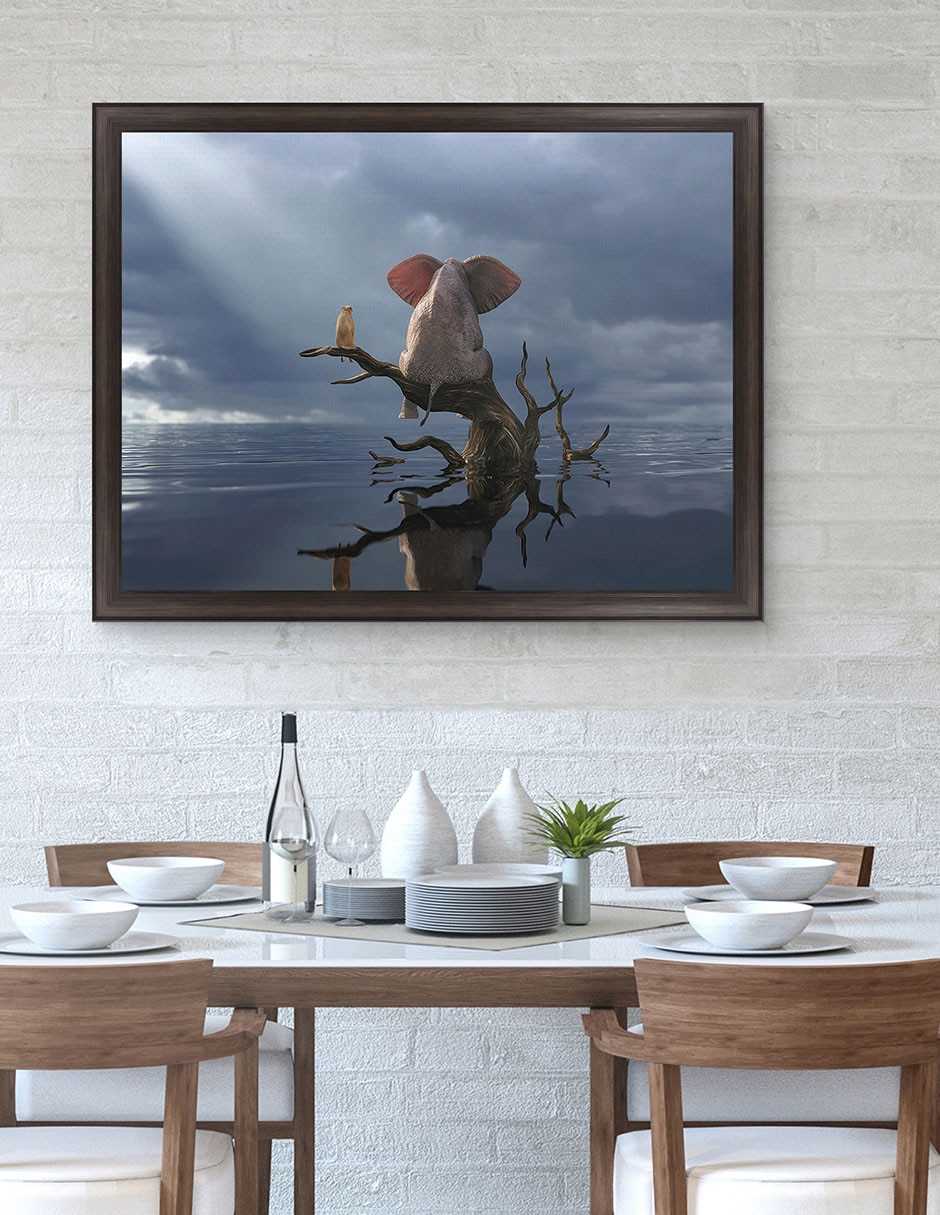 Cuadro decorativo Elefante y perro sentados en un árbol huyendo de una inundación de Mike Kiev técnica mixta 3