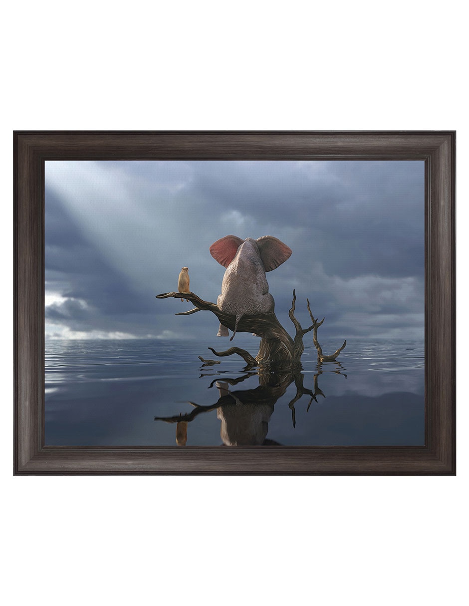 Cuadro decorativo Elefante y perro sentados en un árbol huyendo de una inundación de Mike Kiev técnica mixta Cuadro decorativo Elefante y perro sentados en un árbol huyendo de una inundación de Mike Kiev técnica mixta