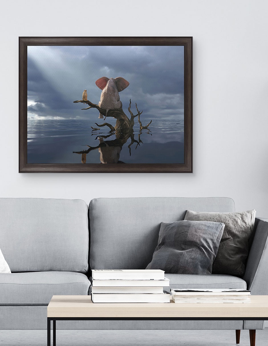 Cuadro decorativo Elefante y perro sentados en un árbol huyendo de una inundación de Mike Kiev técnica mixta 3
