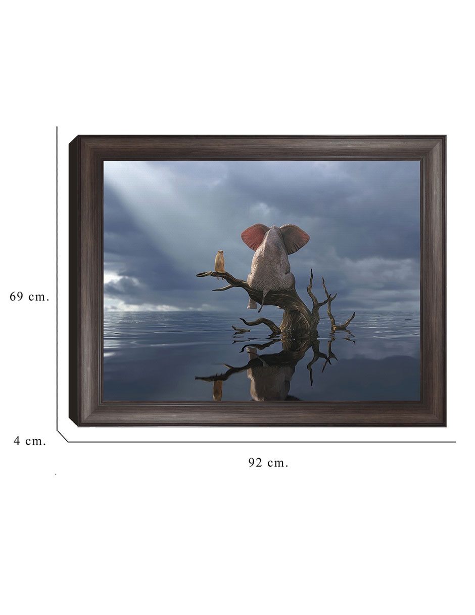 Cuadro decorativo Elefante y perro sentados en un árbol huyendo de una inundación de Mike Kiev técnica mixta 2