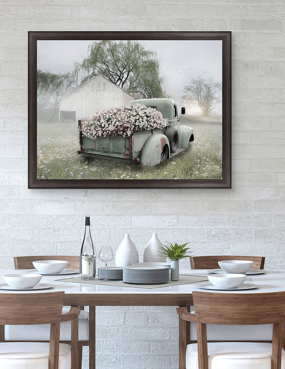 Cuadro decorativo Camioneta verde con petunias rosadas de Lori Deiter técnica mixta 3
