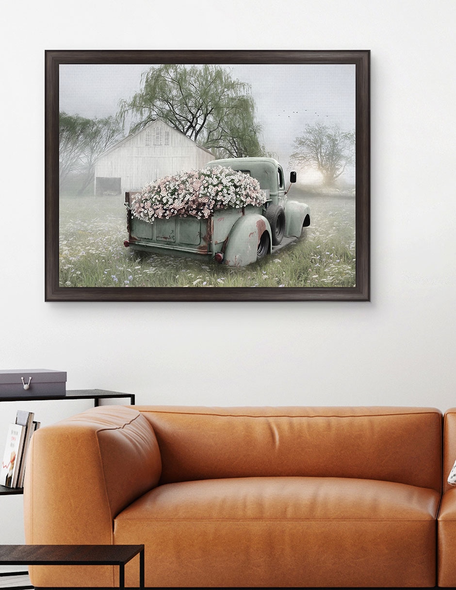 Cuadro decorativo Camioneta verde con petunias rosadas de Lori Deiter técnica mixta 4